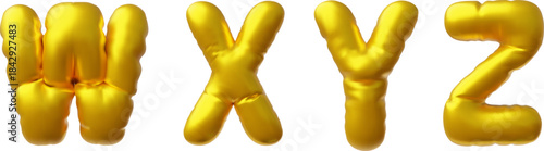 English alphabet uppercase letter W X Y Z from golden air inflated balloon 3D vector icons, render puffy foil font type