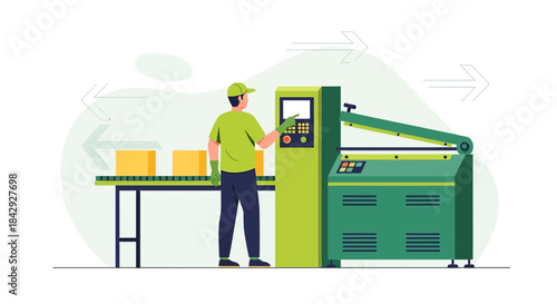 Automated production line worker operating machinery for package processing system
