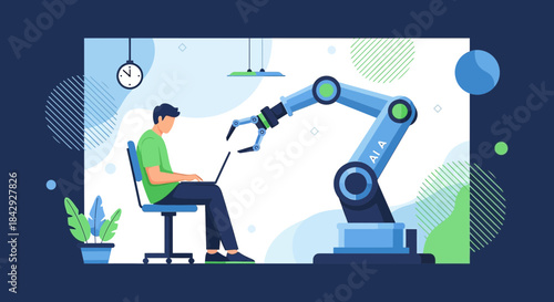 Automation assistance depiction featuring a person working alongside an robotic arm efficiently