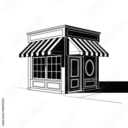 Stylized black store icon in vector format, showcasing simple storefront architecture, bold silhouette design, and clear retail symbolism perfect for branding materials, business graphics, and commerc
