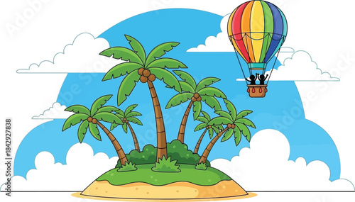 A colorful hot air balloon floats over a tropical island with palm trees