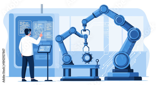 Automation engineer supervising robotic arms in a modern factory setting showcasing advanced