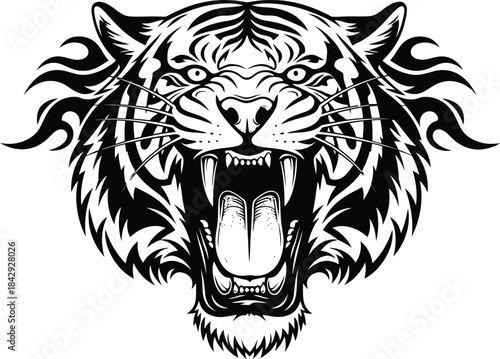 A striking black and white illustration of a roaring tiger s head