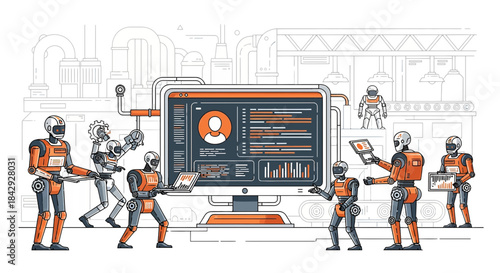 Automation through advanced robotics, showcasing interconnected factory with humanoid machines