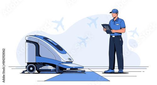 Autonomous floor cleaning machine operating in an airport with worker overseeing the process