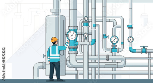 Complex industrial pipeline system monitored by a technician, precise control of manufacturing