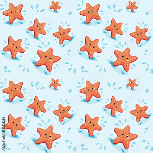 Playful seamless pattern with starfish and water drops. Vector surface design for kids prints, summer product, beach projects, textiles, wrapping paper