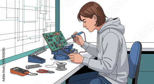Concentrated technician soldering electronic circuit board at workstation setup indoors carefully