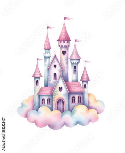 Watercolor fairy castle floating on pastel clouds for kids birthday art.