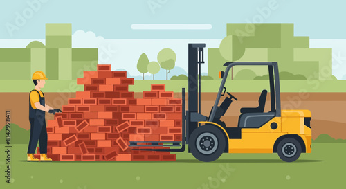 Construction site scene showing a forklift and worker with a pile of bricks awaiting transportation