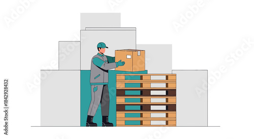 Courier lifting a cardboard box onto a pallet in warehouse storage for distribution, illustration
