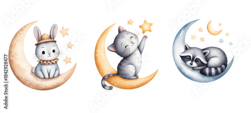 Dreamy moon animals illustration set perfect for nursery walls and birthday themes.