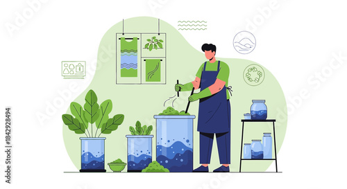 Crafting a circular economy: A man stirring green ingredients for sustainable solutions