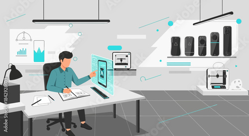 Creative product designer working on futuristic interface for 3D printed technology development