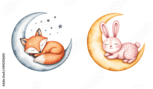 Dreamy moon animals illustration set perfect for nursery walls and birthday themes.