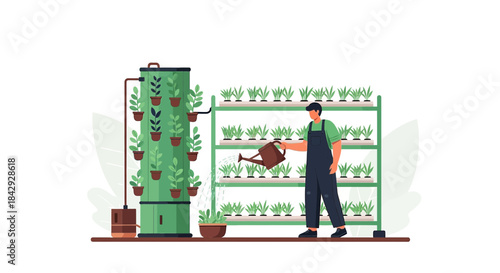 Cultivating freshness: Modern farmer watering thriving vertical garden with dedication and care