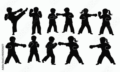 Silhouette collection of children practicing martial arts and self defense poses