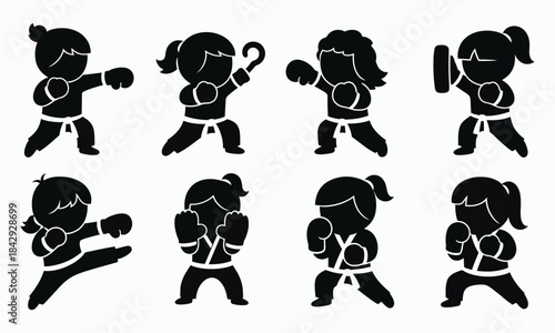 Black silhouette illustrations of children practicing various martial arts poses