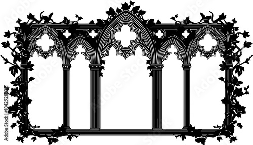 Ornate gothic arched window frame with climbing vines, perfect for elegant designs, architectural accents, and adding a touch of vintage charm