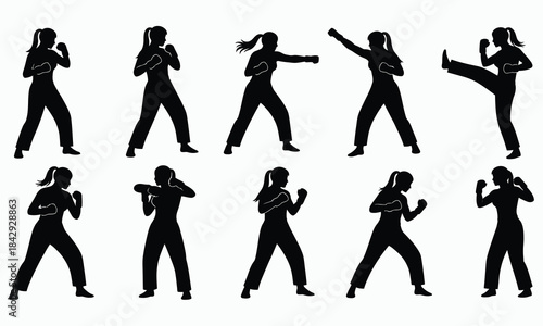 ASilhouettes of martial artists performing various kicks and fighting stances against a white backgrounddobe Illustrator Artwork