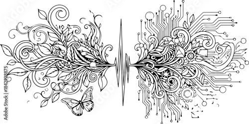 Nature meets technology in a stylized design: a captivating fusion of organic growth and intricate circuits, perfect for modern branding and innovation concepts