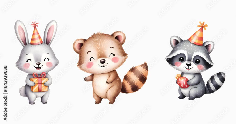 Fototapeta premium Watercolor woodland friends celebrating a joyful kids birthday. Playful woodland party characters painted