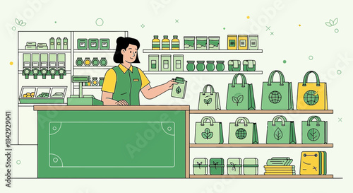 Eco-Friendly Store with Sustainable Products and a Friendly Shop Assistant in a Clean Illustration