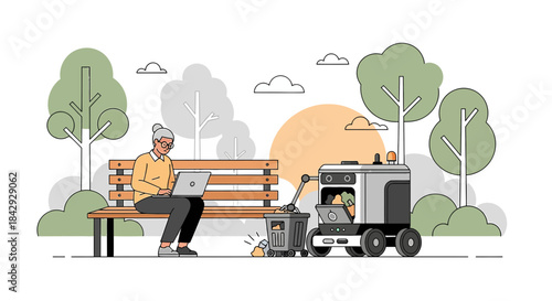 Elderly woman using laptop on park bench with autonomous robot collecting garbage illustrating