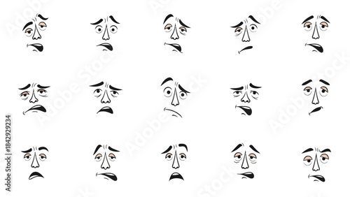 Set of cartoon faces illustrating various confused and bewildered human expressions on a clean white background
