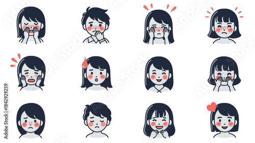 Diverse cartoon avatars showcasing human emotional range: embarrassment, shyness, joy, and sorrow.