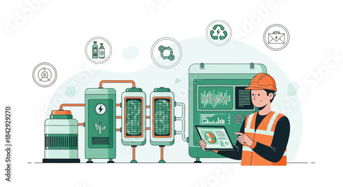Engineer overseeing biofuel production process in a sustainable energy facility illustration