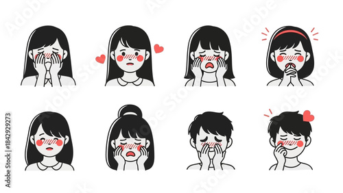Diverse cartoon characters express shyness, blushing, and embarrassment through various cute facial gestures.
