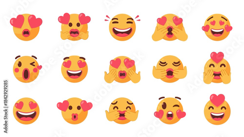 Various emotional emoji faces expressing love, happiness, and playful affection in a collection