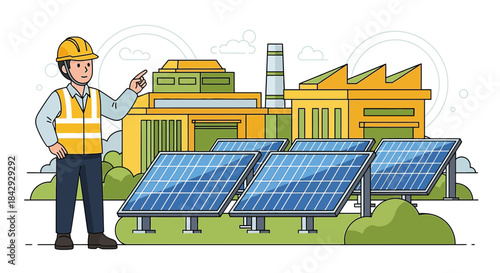 Engineer overseeing solar panel installation at an industrial energy production plant