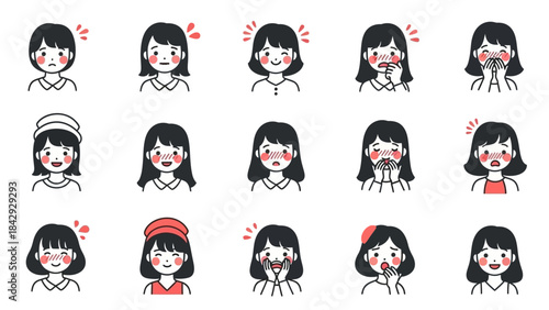 Illustrative collection of a young woman's diverse emotional expressions and reactions