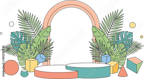Tropical stage setup with geometric shapes and lush green foliage display