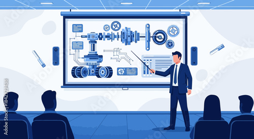 Engineering presentation showcasing robot design and functionality to an audience setting