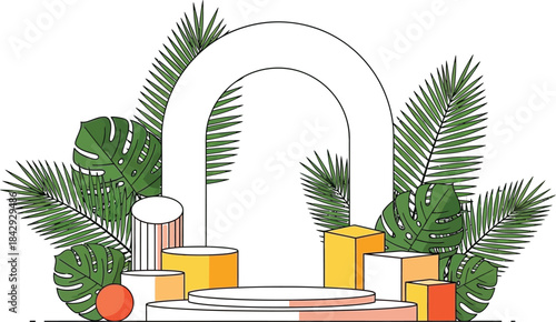 Minimalist stage setup with geometric shapes and lush tropical foliage