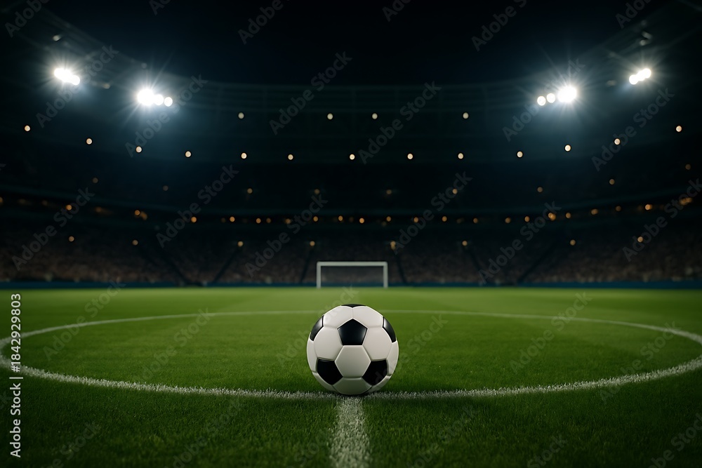 Fototapeta premium Classic Soccer Ball on Green Field in Night Stadium with Floodlights
