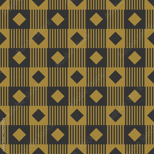 Luxury Gold and Dark Gray Geometric Seamless Pattern. Vintage African Kente Cloth Style Repeating Background with Rhombus and Stripes. Premium Retro Textile Print.