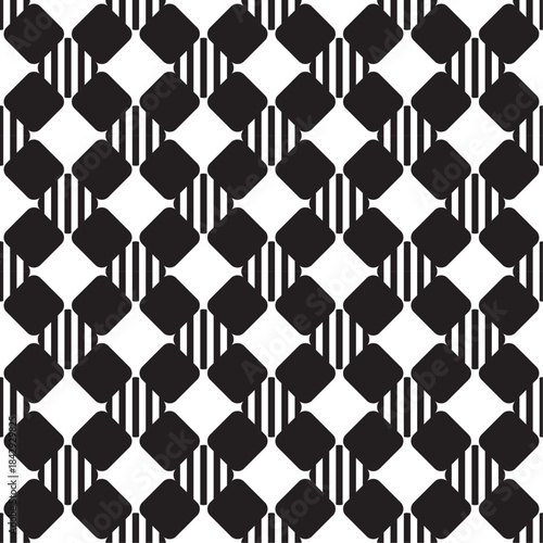 Seamless Pattern Black and White Rounded Diamond and Striped Grid.