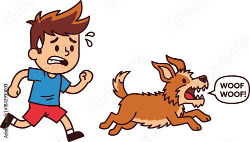 A frightened boy runs away from a barking dog in a cartoon scene