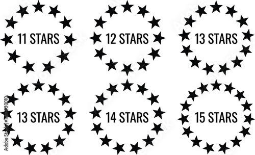 Circular star arrangements from 11 to 15 stars for educational counting, visual pattern recognition, and graphic design reference use