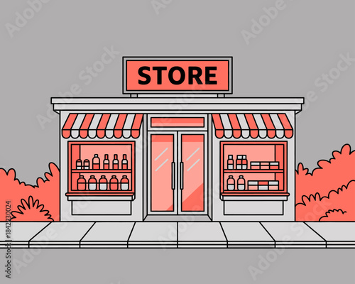 Vector illustration of a small store building with striped awning, clean architectural lines, simple commercial design, and minimal style ideal for business branding, signage concepts, and marketing g