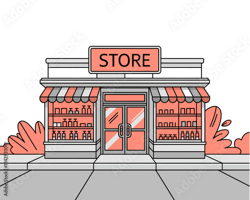 Vector illustration of a small store building with striped awning, clean architectural lines, simple commercial design, and minimal style ideal for business branding, signage concepts, and marketing g