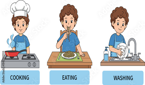 Cartoon, boy, cooking, eating, washing, kitchen, chef, food, spaghetti, dishes, routine, child, apron, sink, stove, hygiene, meal, preparation, cleanup, illustration