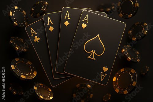 Golden luxury poker concept with glowing gambling cards four aces and casino chips for entertainment business industry illustration