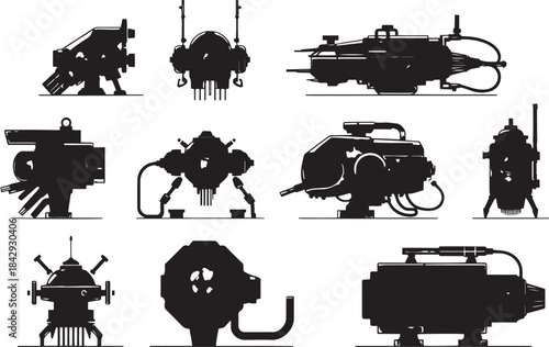 Mechanism set, retro, vintage, steampunk, cyberpunk, decorative elements. Ideal design for social media, cover, banner, flyer, music, ads.