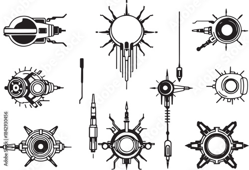 Mechanism set, retro, vintage, steampunk, cyberpunk, decorative elements. Ideal design for social media, cover, banner, flyer, music, ads.