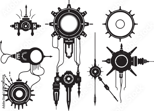 Mechanism set, retro, vintage, steampunk, cyberpunk, decorative elements. Ideal design for social media, cover, banner, flyer, music, ads.